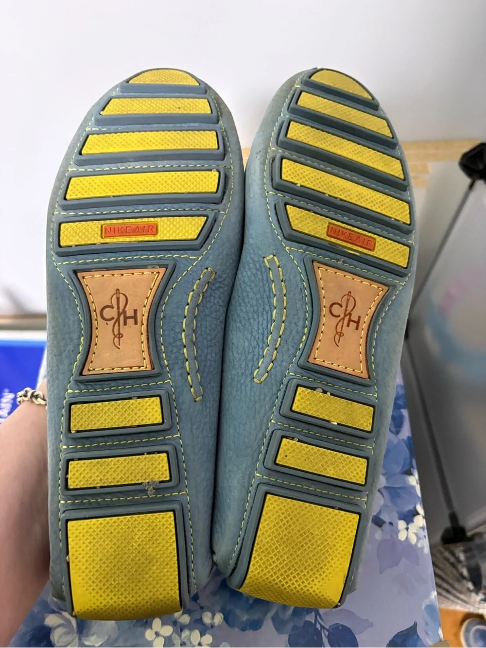 Cole Haan Teal Blue Leather Penny Loafers with Yellow Insole